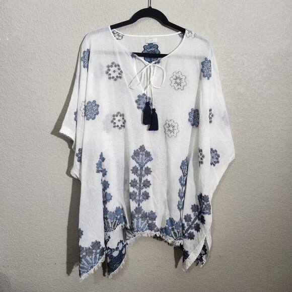 J Jill Poncho Top One Size Floral Embroidered Tassel Tie Neckline White Blue - Picture 1 of 12